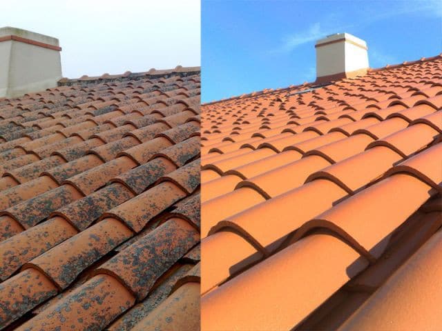 Artisan réalisant un démoussage de toiture